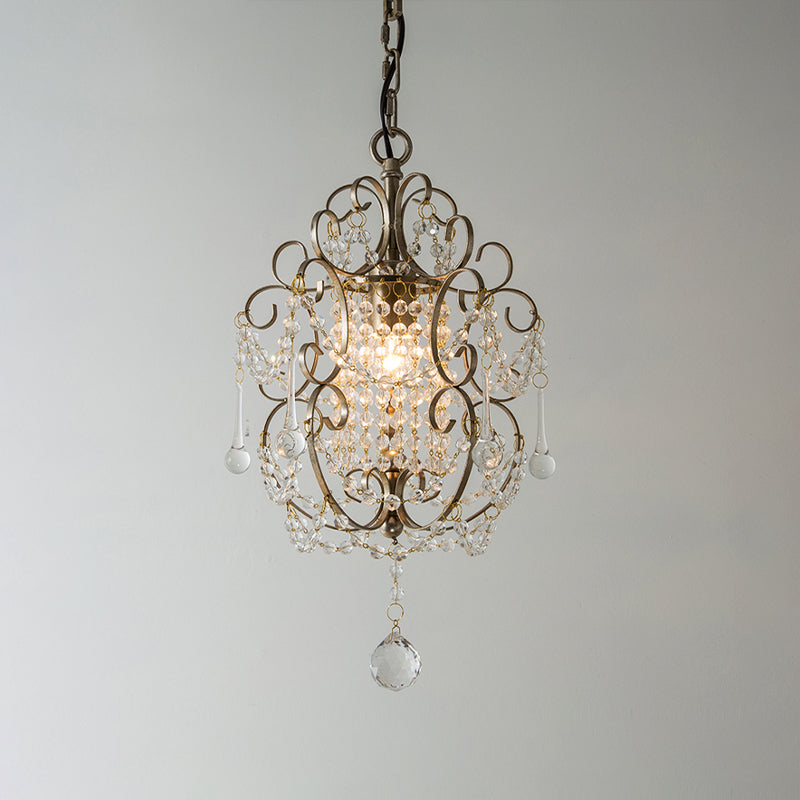 Retro Gold/Bronze Pendant Lamp With Crystal Beaded Scroll Arm - Hall Lighting