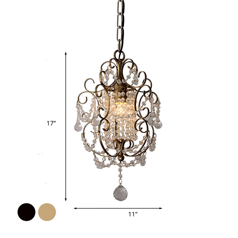 Retro Gold/Bronze Pendant Lamp With Crystal Beaded Scroll Arm - Hall Lighting