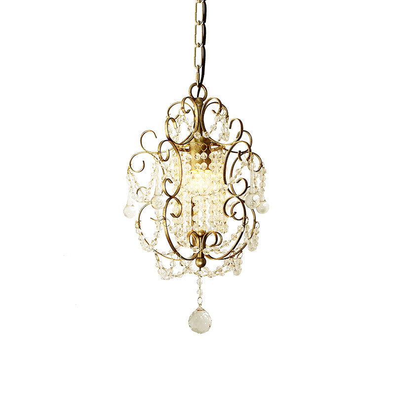 Retro Gold/Bronze Pendant Lamp With Crystal Beaded Scroll Arm - Hall Lighting