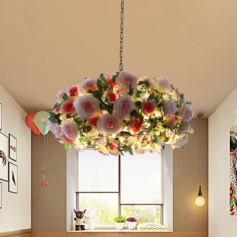 Industrial Metal Black Sputnik Pendant Chandelier: 5-Head Living Room Hanging Light Fixture with Pink Floral Deco