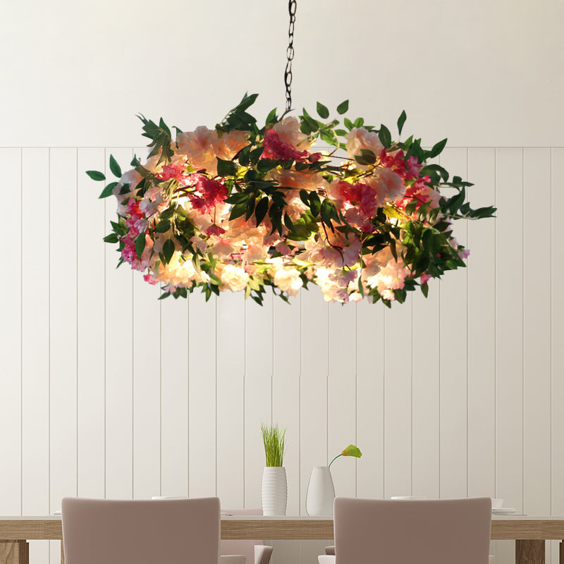 Industrial Metal Black Sputnik Pendant Chandelier: 5-Head Living Room Hanging Light Fixture with Pink Floral Deco