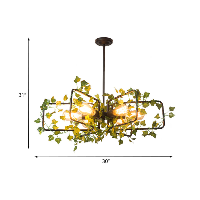 Metallic 6-Light Chandelier with Green Plant Deco for Farm Style Dining Room