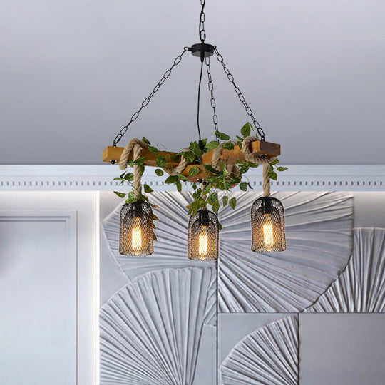 Vintage Metal Bell Cage Pendant Light With Wood Branch Beam And Rope Hanging Kit - Brown 3-Head