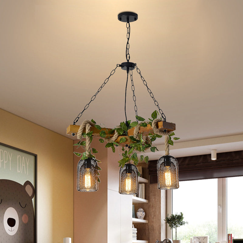 Vintage Metal Brown Chandelier Pendant Light with 3 Bell Cage Heads and Wood Branch Beam Deco