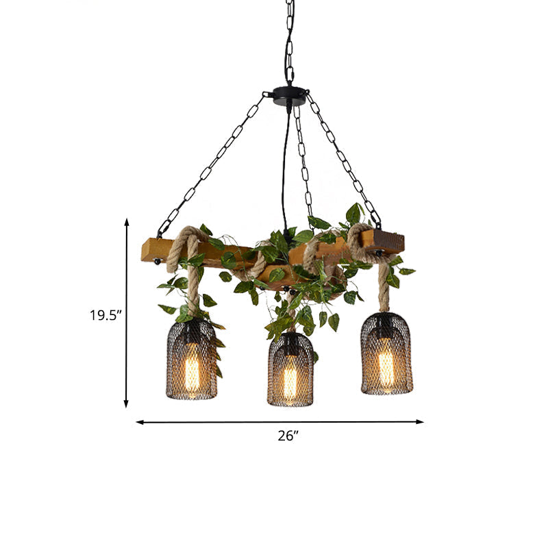 Vintage Metal Bell Cage Pendant Light With Wood Branch Beam And Rope Hanging Kit - Brown 3-Head