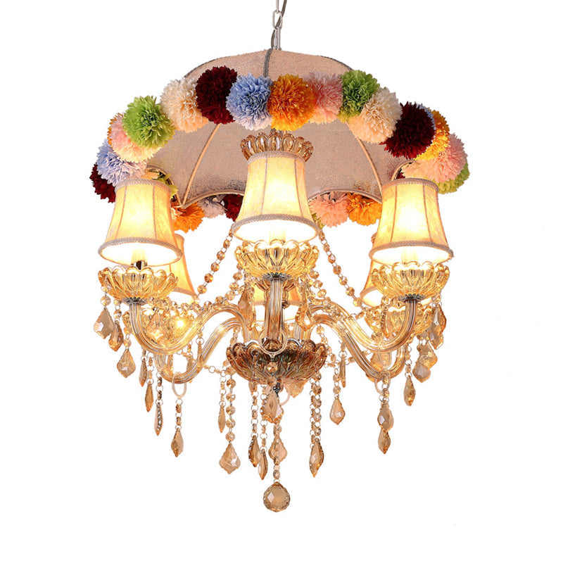 Retro Paneled Bell Suspension Lamp - 6-Bulb Pink Fabric Chandelier With Crystal Accent And Floral