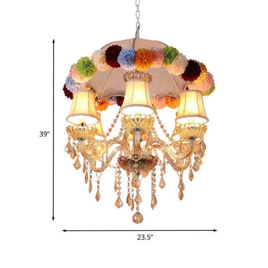 Retro Paneled Bell Suspension Lamp - 6-Bulb Pink Fabric Chandelier With Crystal Accent And Floral