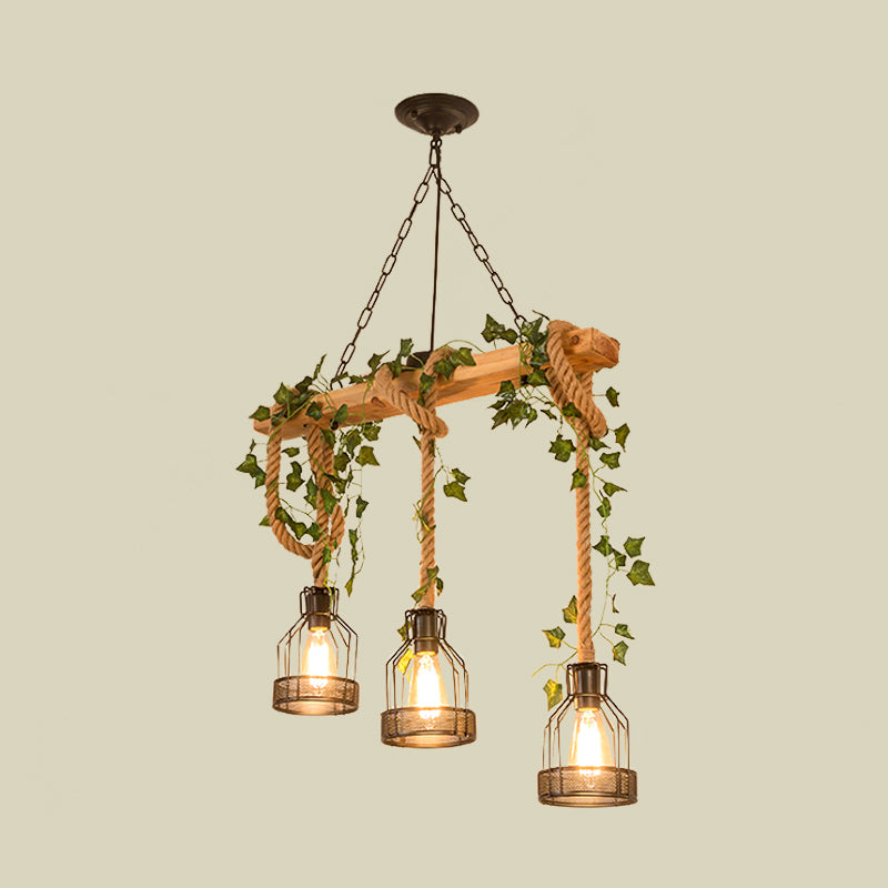 Industrial Metal Caged Island Pendant Light With Rope Hanging Lamp - Brown
