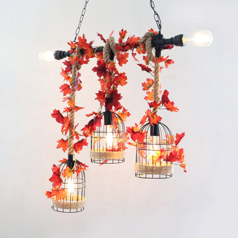 5-Head Birdcage Rope Island Light Fixture: Factory Red/Rose Red Metal Pendant Lamp With Artificial