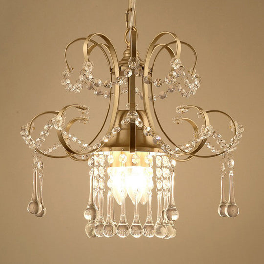 Contemporary Gold Metal Chandelier With Crystal Accents - 3 Lights Scrolling Pendulum Design