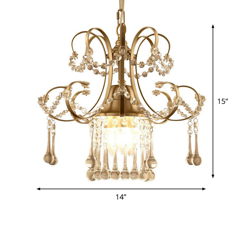 Contemporary Gold Metal Chandelier With Crystal Accents - 3 Lights Scrolling Pendulum Design