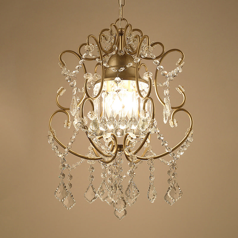 Gold Modernist Scroll Pendant Chandelier with Crystal Swag - 3 Heads, Hanging Ceiling Light