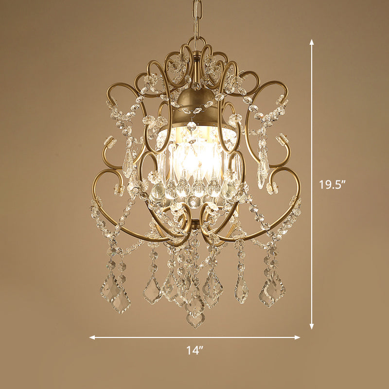 Gold Modernist Scroll Pendant Chandelier with Crystal Swag - 3 Heads, Hanging Ceiling Light