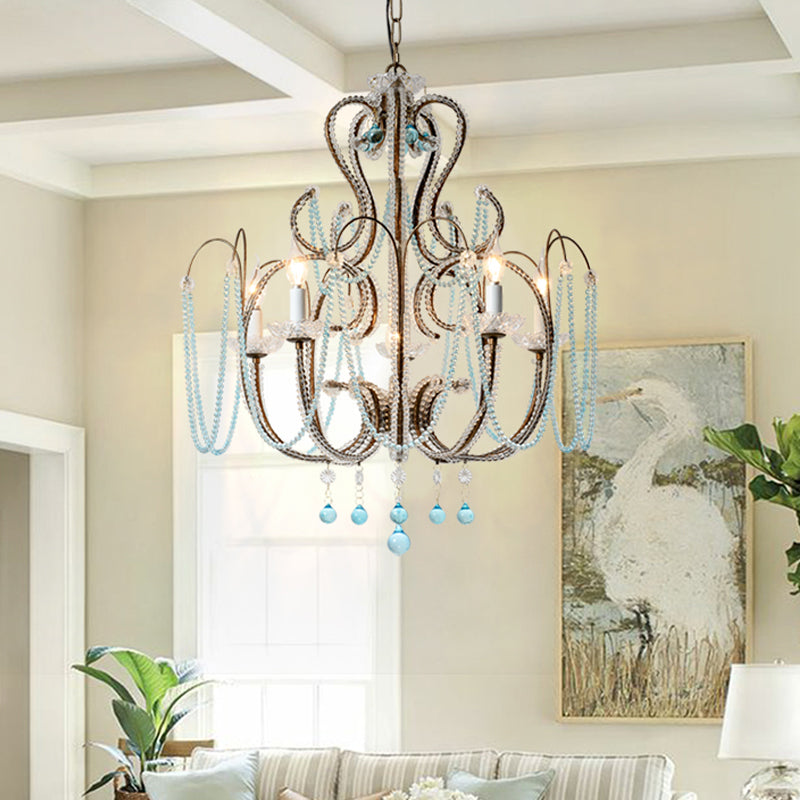Modern Crystal Beads Hanging Chandelier - 6 Bulbs Suspension Light For Living Room In Rust
