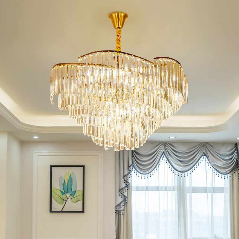 Modernist Led Crystal Block Brass Chandelier: 5-Head Spiral Ceiling Suspension Lamp