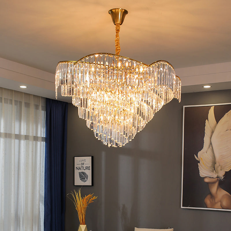 Modernist Led Crystal Block Brass Chandelier: 5-Head Spiral Ceiling Suspension Lamp