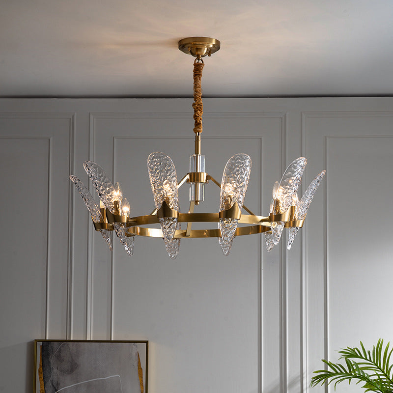 Minimal Arc Panel Chandelier Pendant Lamp With Clear Crystal Glass Brass Frame - 8/10-Bulb