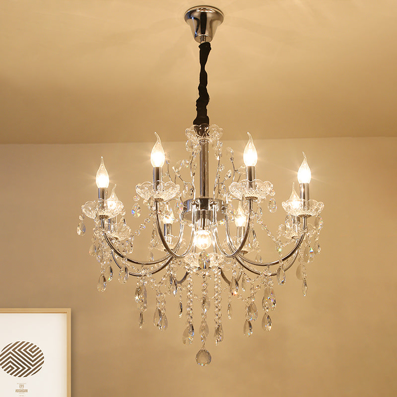 Minimalist Crystal Swag Chandelier: 9-Bulb Pendant Lamp In Chrome - Ideal For Living Room Lighting