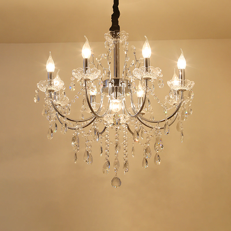 Minimalist Crystal Swag Chandelier: 9-Bulb Pendant Lamp In Chrome - Ideal For Living Room Lighting