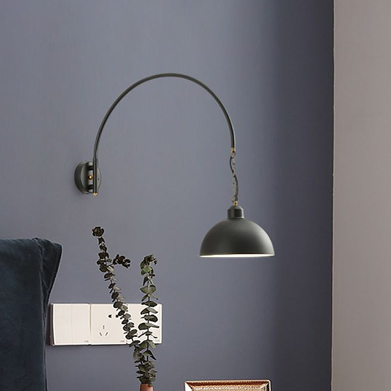 Black Dome Wall Sconce With Curved Arm Mount And Metallic Finish Bulb