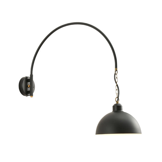 Black Dome Wall Sconce With Curved Arm Mount And Metallic Finish Bulb
