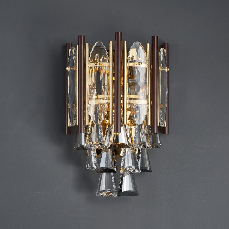 Modernist Beveled K9 Crystal Gold Sconce Wall Lamp With 2 Heads