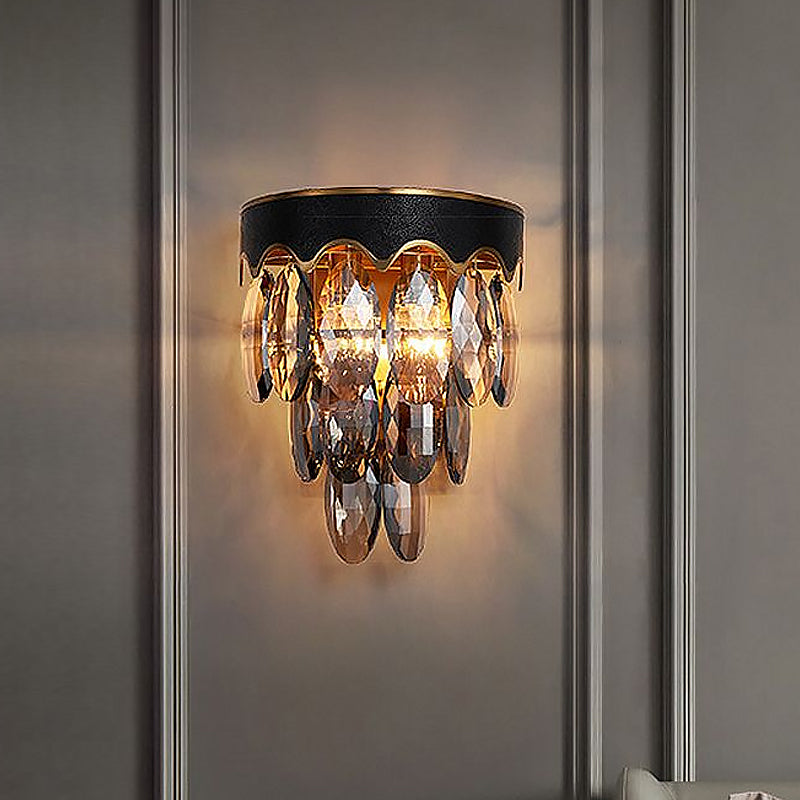 Modern 3-Layer Black Wall Mount Lighting: Beveled K9 Crystal Sconce With 2 Lights For Bedside