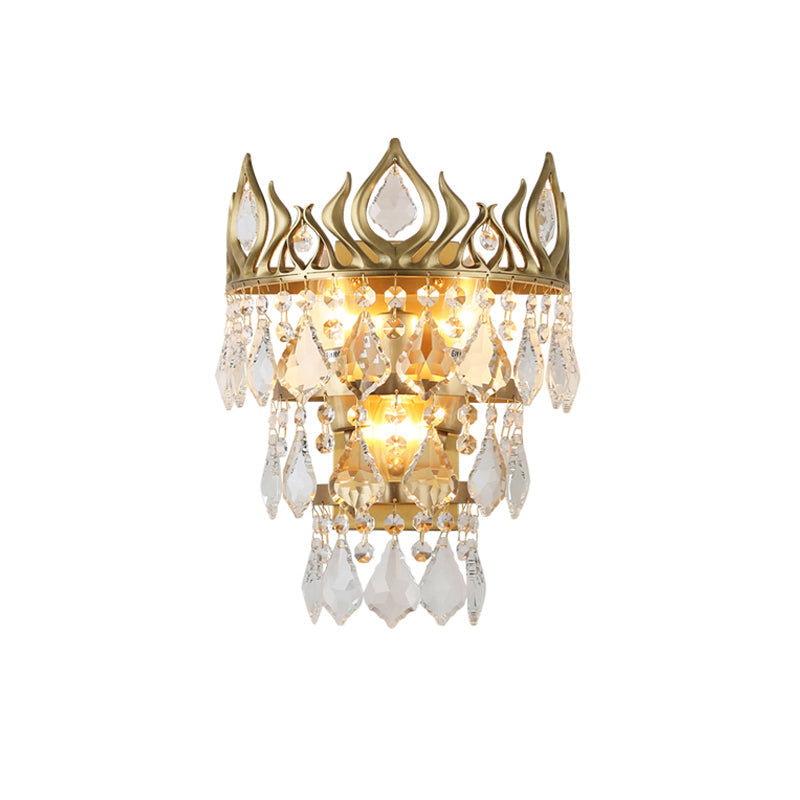 Contemporary Brass Crystal Drip Wall Lamp - Crown Shape Sconce Light Fixture (3 Bulbs)