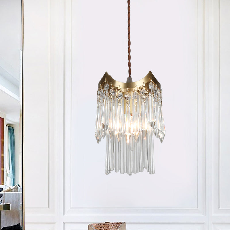 Minimalist Brass Pendulum Light with Crystal Prism and Tube Design - 2-Tier Hanging Ceiling Lamp