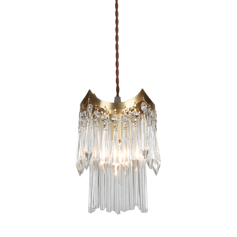 Minimalist Brass Pendulum Light with Crystal Prism and Tube Design - 2-Tier Hanging Ceiling Lamp