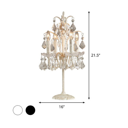 Classic Candelabra Table Lamp With 4 Crystal Drip Heads In White/Black - Perfect For Bedside