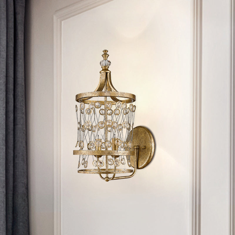 Modern Gold Crystal Candelabra Wall Sconce With Cylinder Cage And 2 Lights