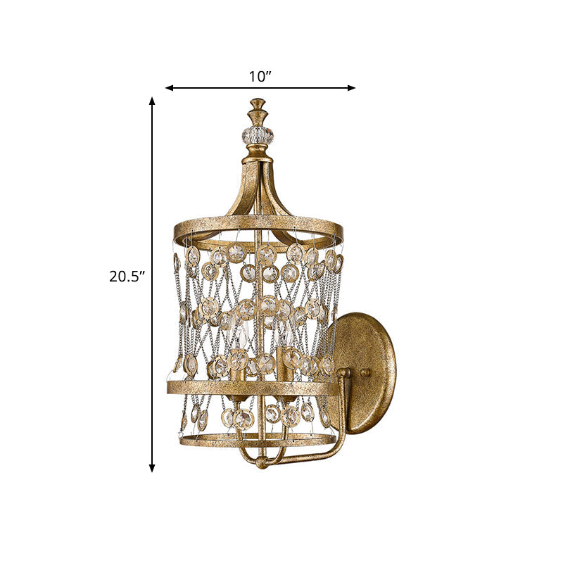 Modern Gold Crystal Candelabra Wall Sconce With Cylinder Cage And 2 Lights