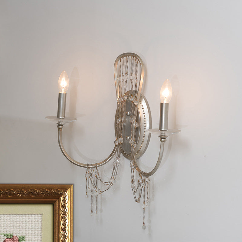 Contemporary Metallic Candelabra Wall Light Sconce - 2-Light Crystal Bedroom Lighting Nickel Finish