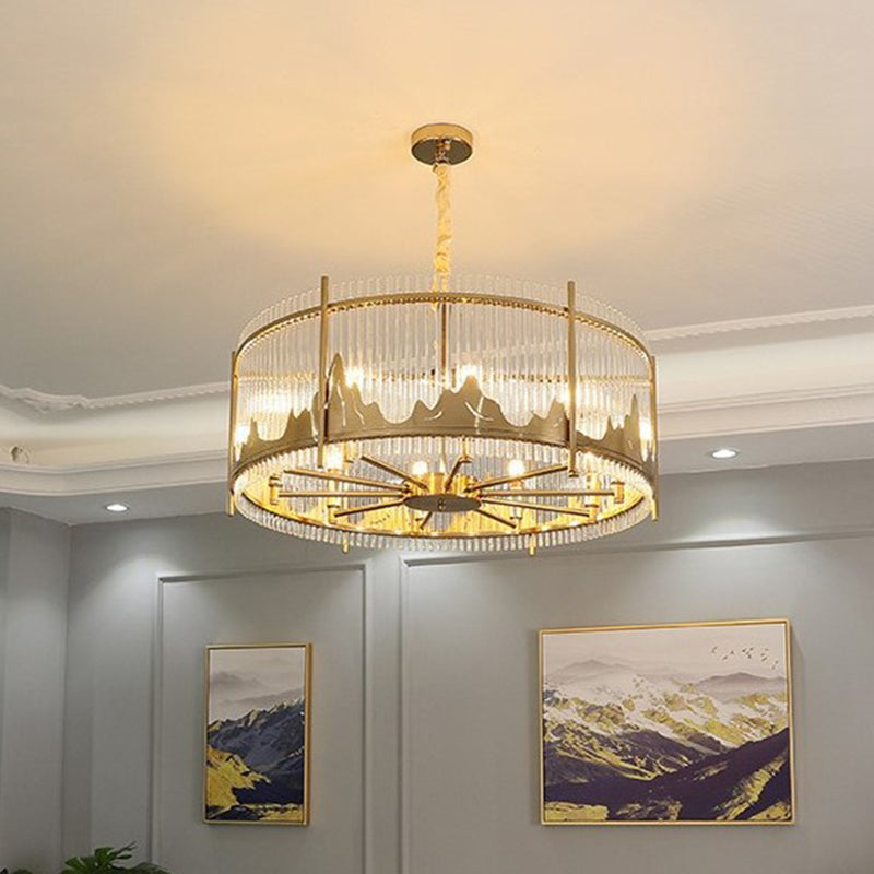 Modernist Strip Crystal Gold Drum Ceiling Chandelier - 8-Light Pendant With Mountain Pattern