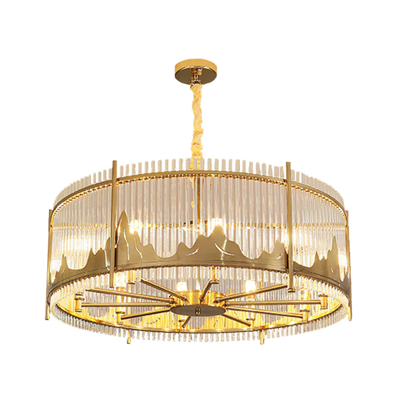 Modernist Strip Crystal Gold Drum Ceiling Chandelier - 8-Light Pendant With Mountain Pattern