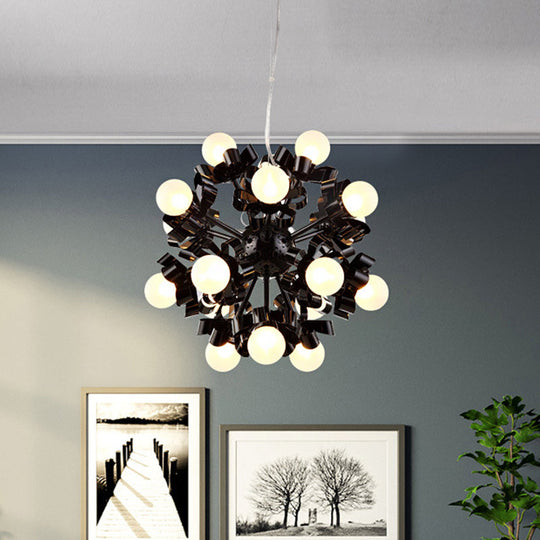 Black Starburst Chandelier Loft Style- 18 Head Metal Pendant with Frosted Glass Shade for Bedroom Ceiling