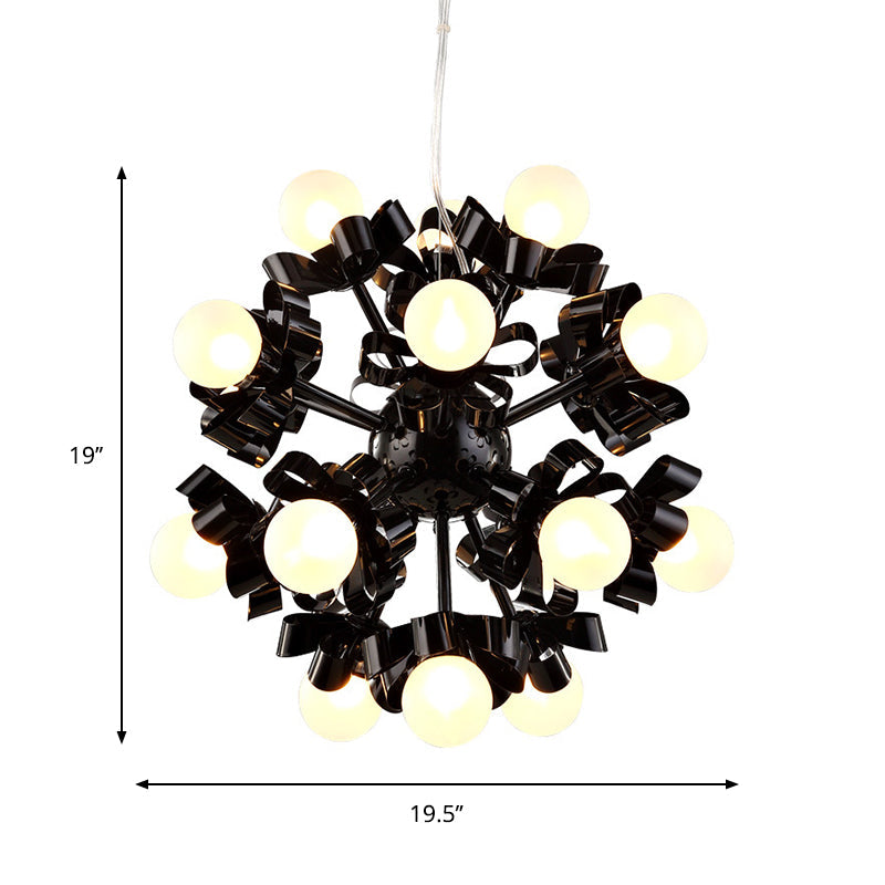 Black Starburst Chandelier Loft Style- 18 Head Metal Pendant with Frosted Glass Shade for Bedroom Ceiling