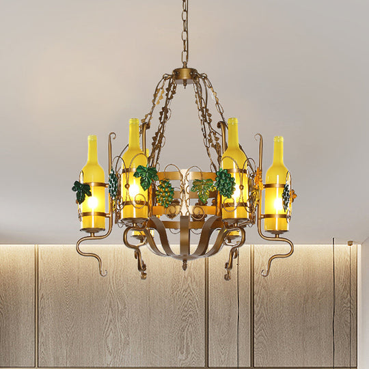Bistro Chandelier Light - Industrial Yellow Glass - 6-Light - Antiqued Brass Pendant