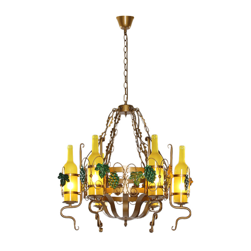 Yellow Glass 6-Light Wine Bottle Chandelier - Industrial Brass Pendant Lighting Fixture