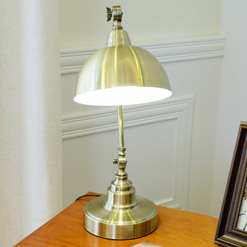 Antique Gold Night Lamp With Adjustable Joint And Curved Arm - Vintage Table Light Metal Bowl Shade