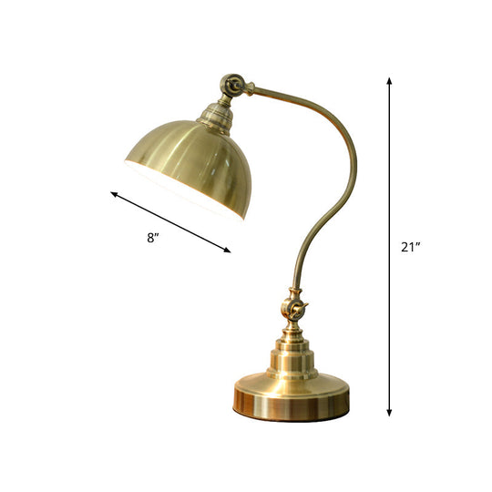 Antique Gold Night Lamp With Adjustable Joint And Curved Arm - Vintage Table Light Metal Bowl Shade