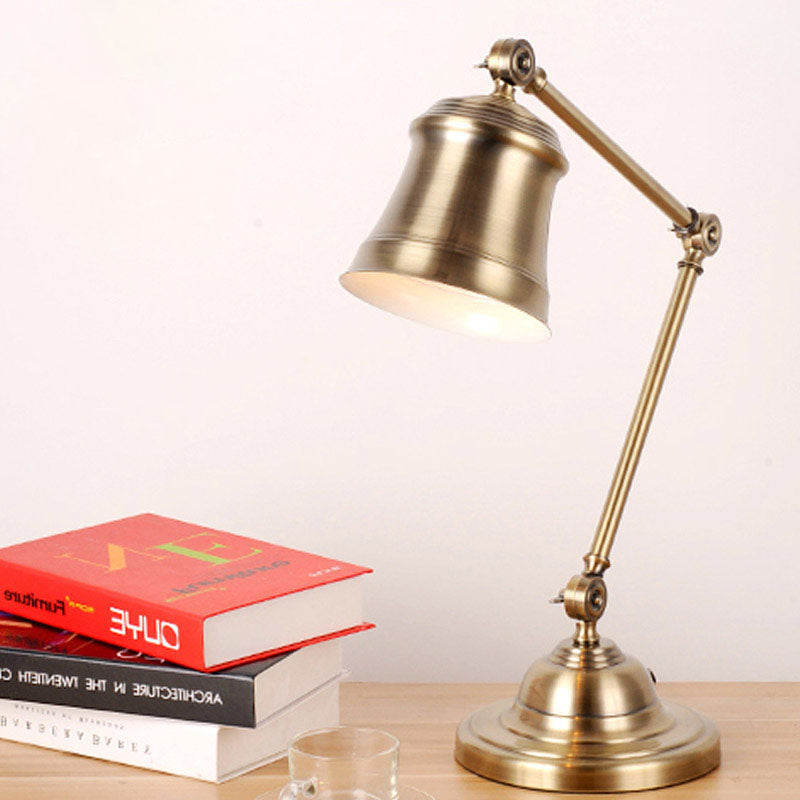 Vintage Metal Trumpet Shade Desk Reading Lamp - Single Gold Finish Task Light With Adjustable Arm