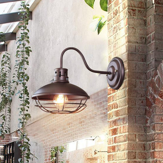 Industrial Style 1-Light Bistro Sconce Wall Light - Wide Bowl Iron Lamp With Bottom Wire Cage In