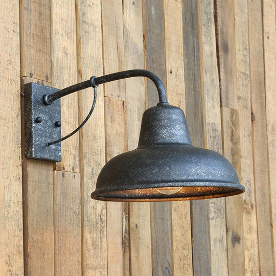 Farmhouse Terrance Wall Mounted Light - Single-Bulb Sconce With Bowled Metal Shade (Black/Silver)