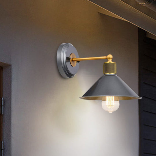 Blue-Grey Aluminum Conic Wall Light Fixture With Brass Arm - 1 Head Sconce Lamp For Living Room