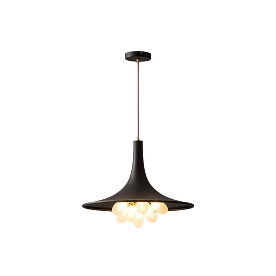 Industrial Black Iron Pendant Chandelier With Frosted Glass Shade - Wide Flared Style For Dining