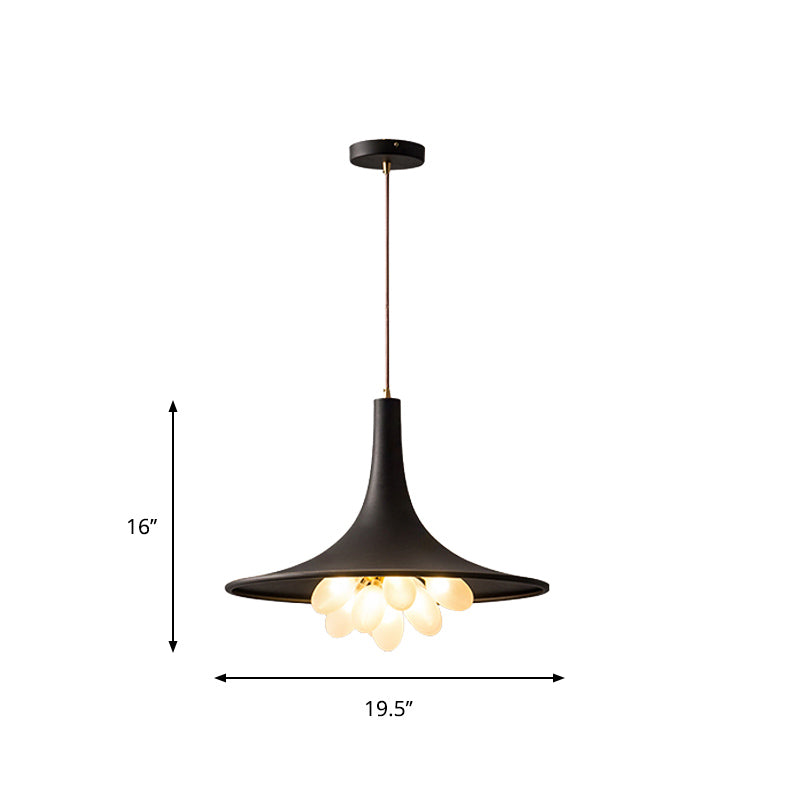 Industrial Black Iron Pendant Chandelier with Wide Flared Shade – Grapes Frosted Glass – Dining Room Hanging Lamp