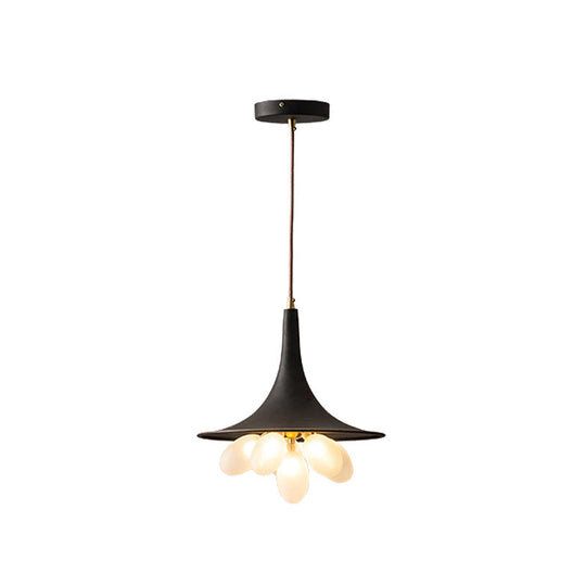 Industrial Black Iron Pendant Chandelier With Frosted Glass Shade - Wide Flared Style For Dining