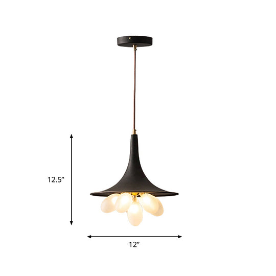 Industrial Black Iron Pendant Chandelier with Wide Flared Shade – Grapes Frosted Glass – Dining Room Hanging Lamp
